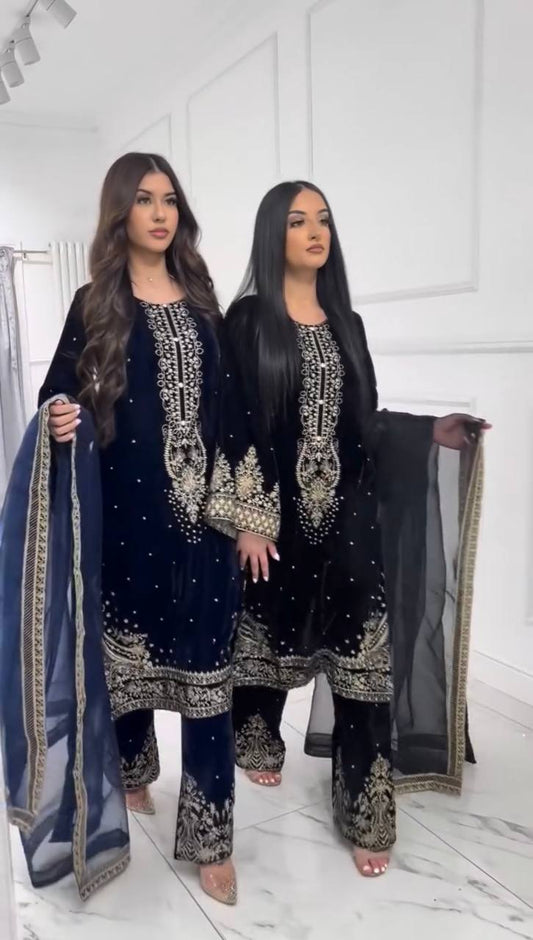 Winter Special Black and Blue Velvet Sharara Suit