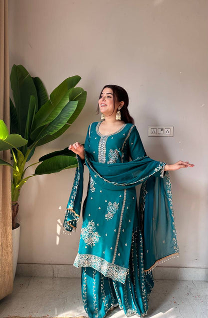 Pretty Teal Blue Color Sequence Work Sharara Set