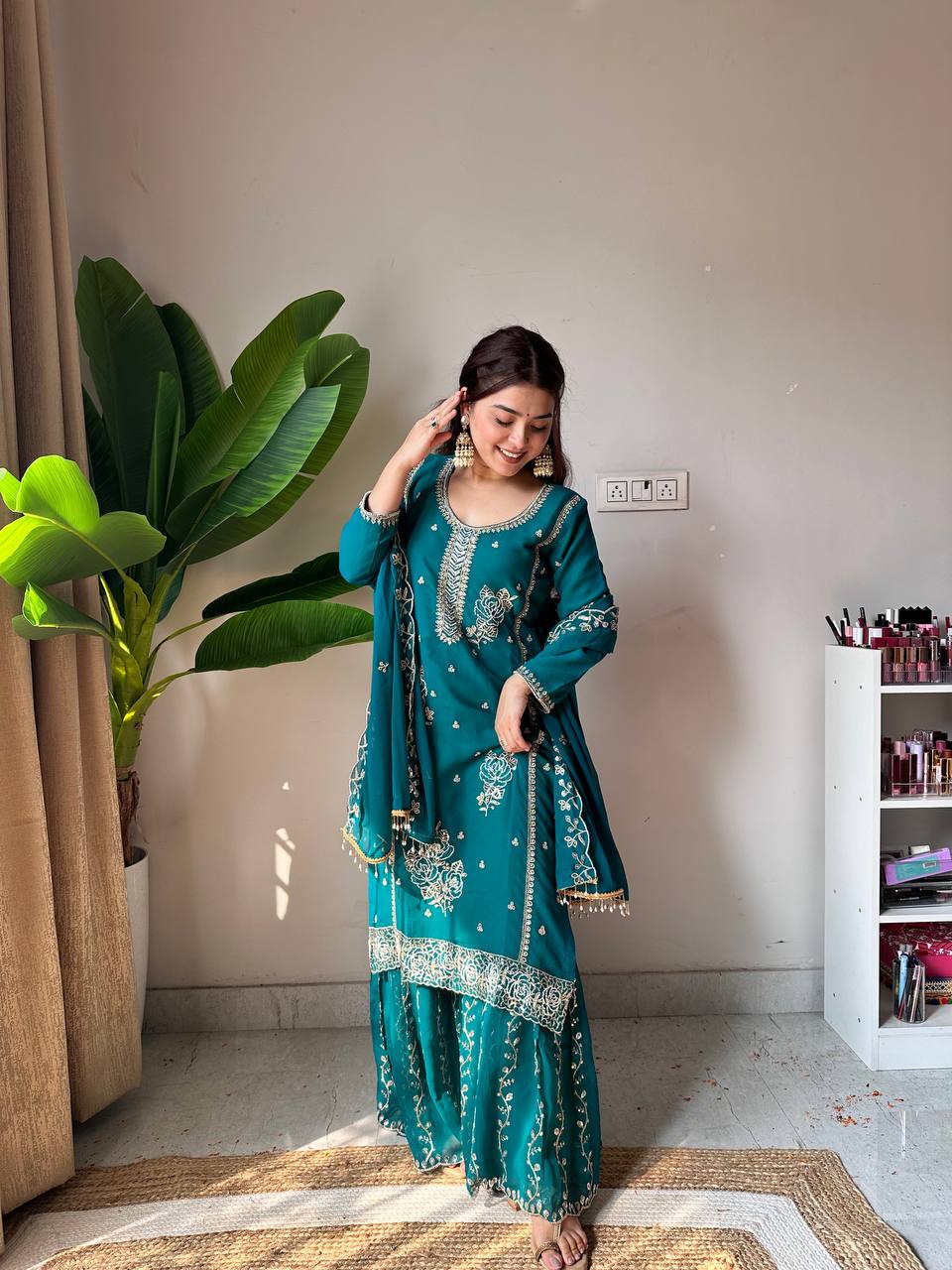 Pretty Teal Blue Color Sequence Work Sharara Set