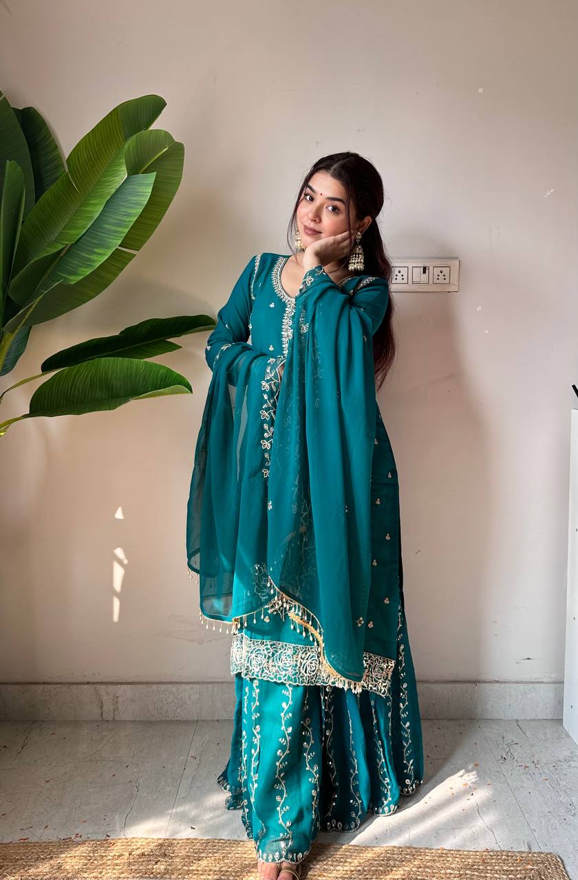 Pretty Teal Blue Color Sequence Work Sharara Set