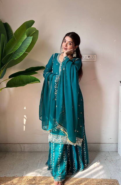 Pretty Teal Blue Color Sequence Work Sharara Set
