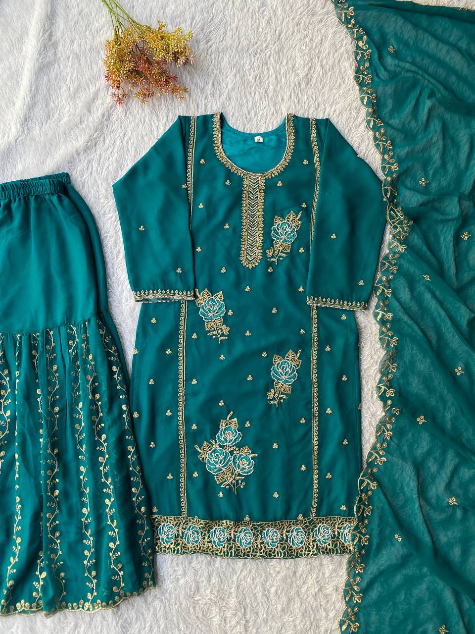 Pretty Teal Blue Color Sequence Work Sharara Set