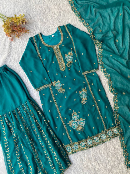 Pretty Teal Blue Color Sequence Work Sharara Set