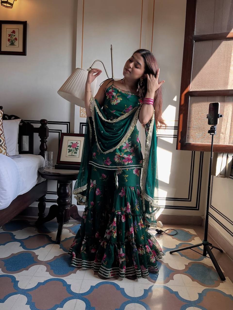 Stylish Green Color Digital Print Sharara Suit