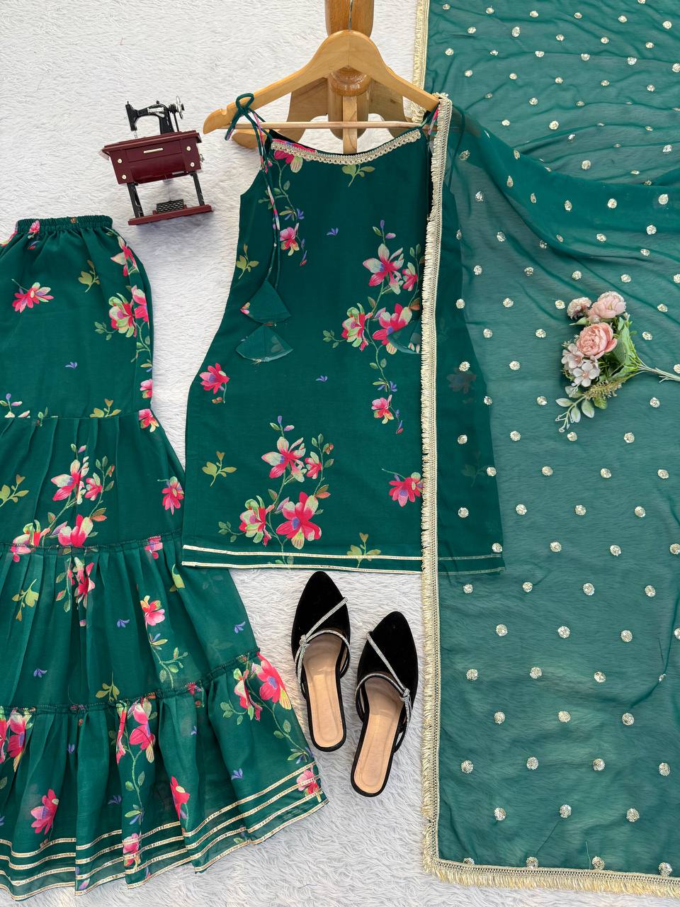 Stylish Green Color Digital Print Sharara Suit