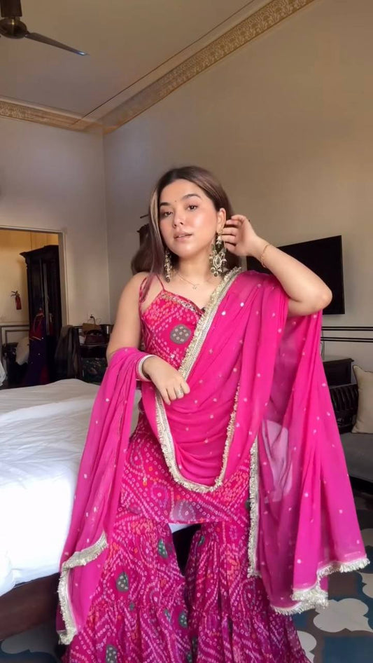 Stunning Pink with Mirror Work Sharara Suit