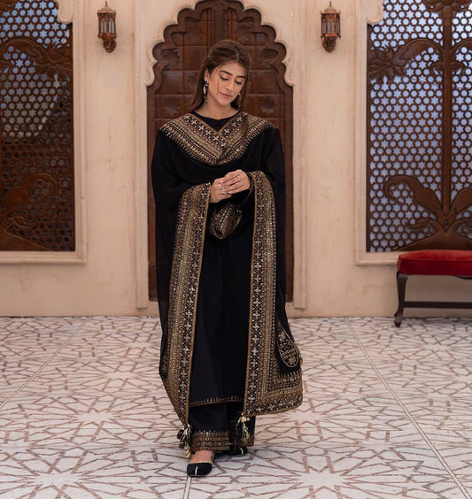 Party Wear  Black Heavy Roman Silk Embroidery Suit