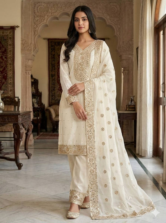 Lovely Ivory Fendy Silk Embroidery Work Palazzo Suit