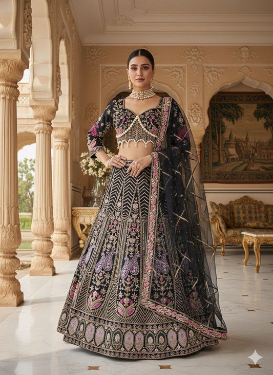 Elegant Black Kasturi Silk Heavy Embroidered Lehenga