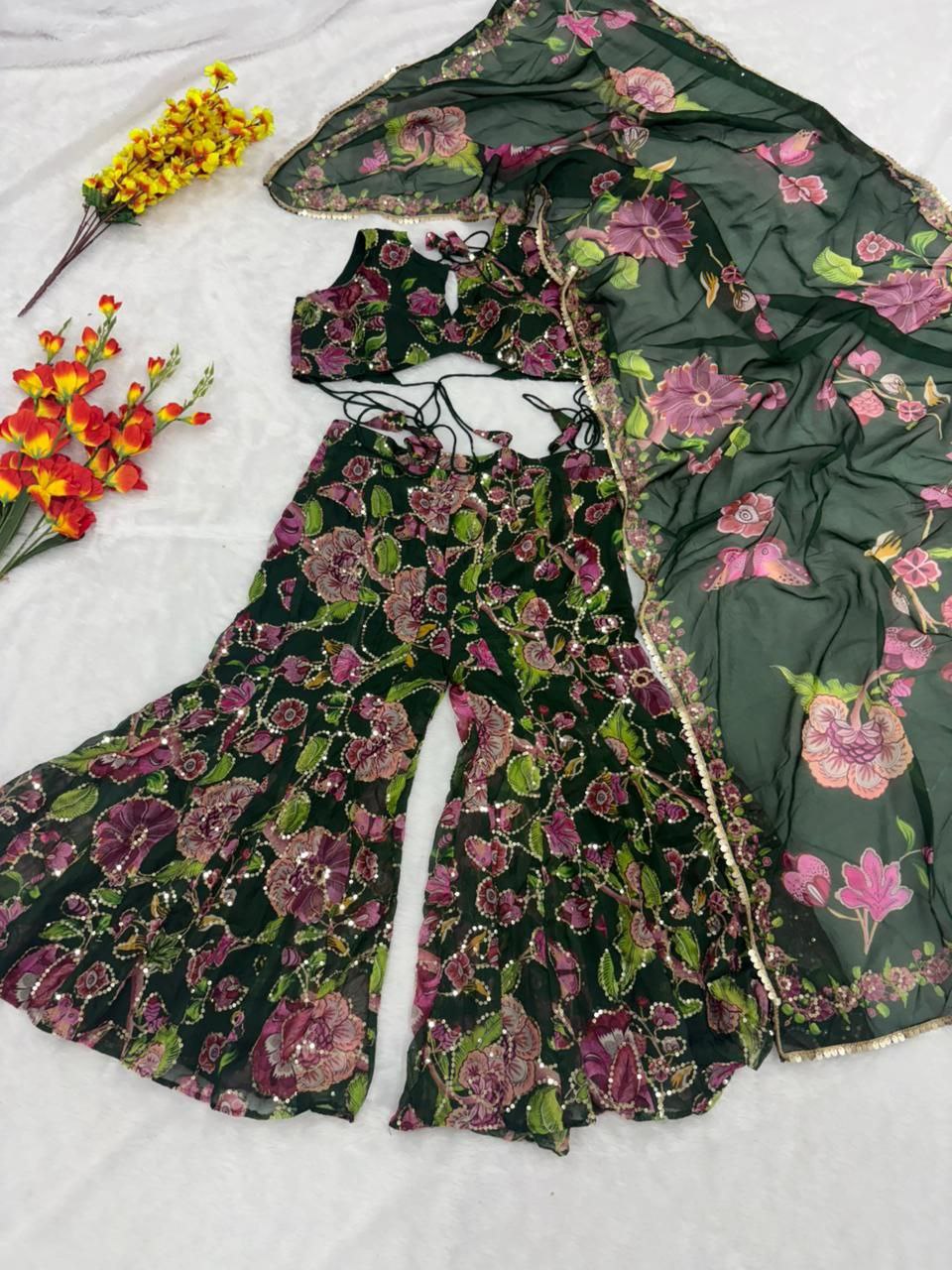 Elegant Green Taby Silk Sequins Palazzo Suit