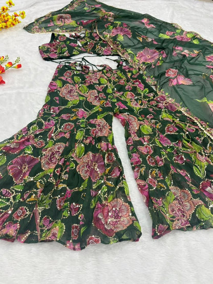 Elegant Green Taby Silk Sequins Palazzo Suit