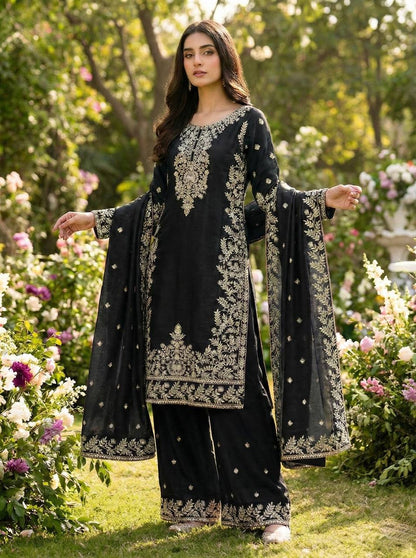 Exclusive Black GMY Silk Embroidery Sequence Work Sharara Suit