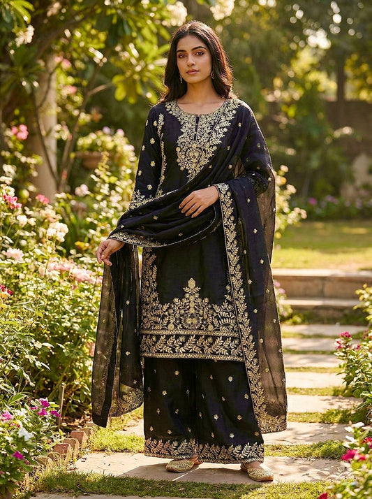 Exclusive Black GMY Silk Embroidery Sequence Work Sharara Suit