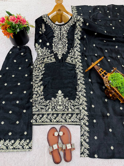 Exclusive Black GMY Silk Embroidery Sequence Work Sharara Suit
