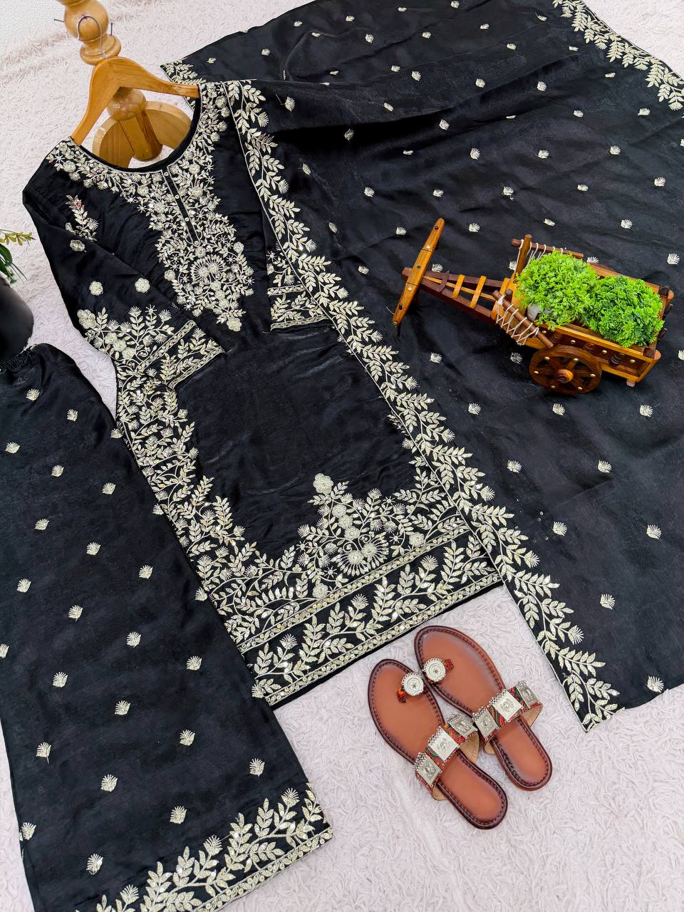 Exclusive Black GMY Silk Embroidery Sequence Work Sharara Suit