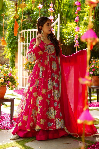 Lovely Pink Heavy Fox Georgette Embroidery Work Gown