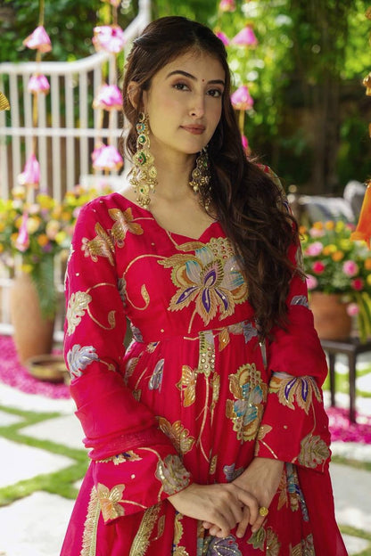 Lovely Pink Heavy Fox Georgette Embroidery Work Gown