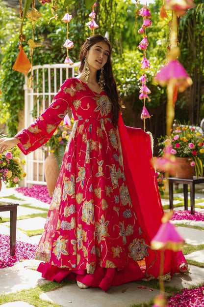 Lovely Pink Heavy Fox Georgette Embroidery Work Gown