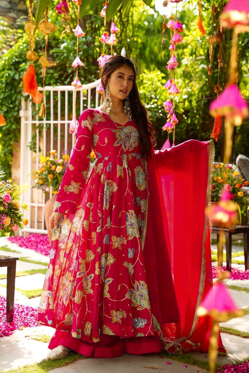 Lovely Pink Heavy Fox Georgette Embroidery Work Gown