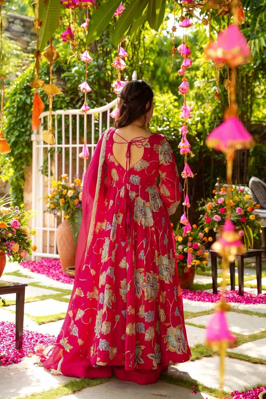 Lovely Pink Heavy Fox Georgette Embroidery Work Gown