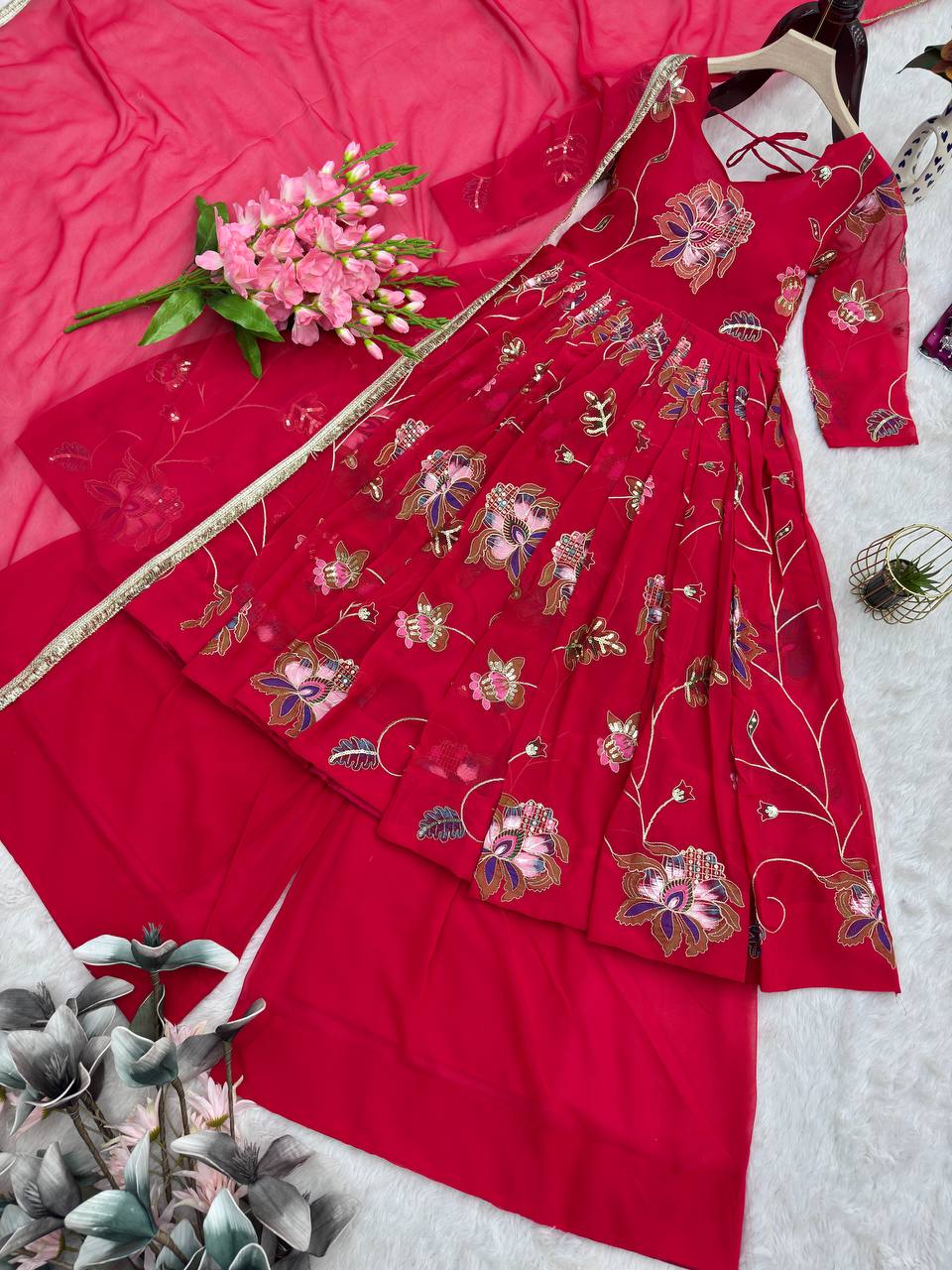 Lovely Pink Heavy Fox Georgette Embroidery Work Gown