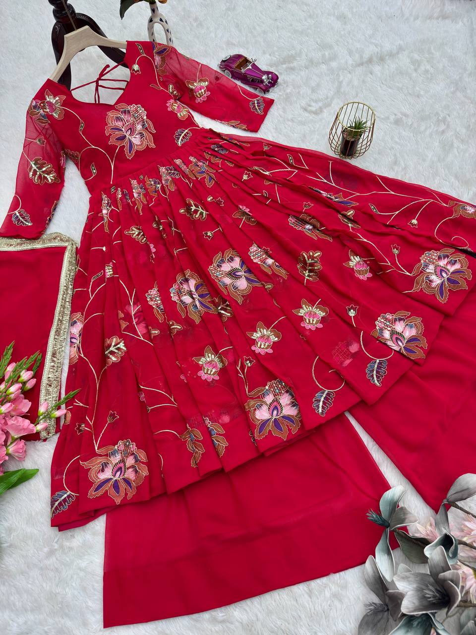 Lovely Pink Heavy Fox Georgette Embroidery Work Gown