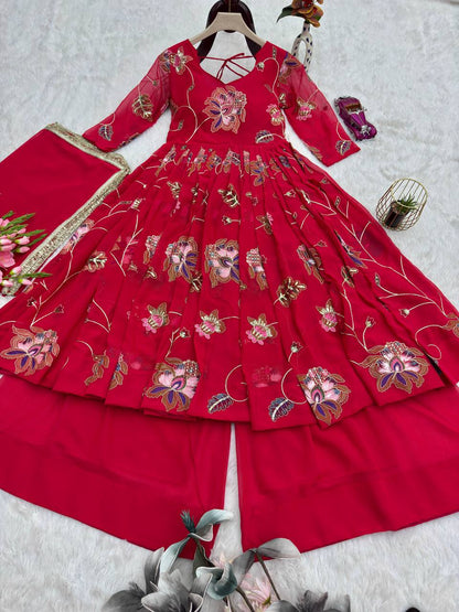 Lovely Pink Heavy Fox Georgette Embroidery Work Gown