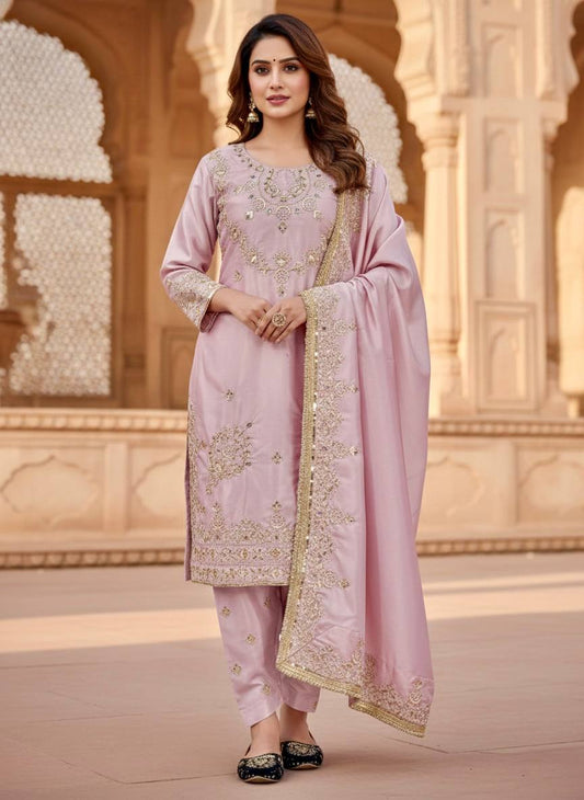 Lovely Pink Heavy Natural Silk Embroidery Work Sharara Suit