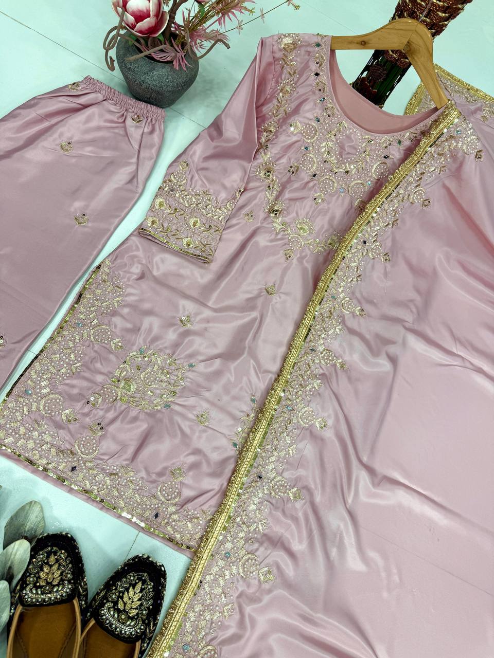 Lovely Pink Heavy Natural Silk Embroidery Work Sharara Suit
