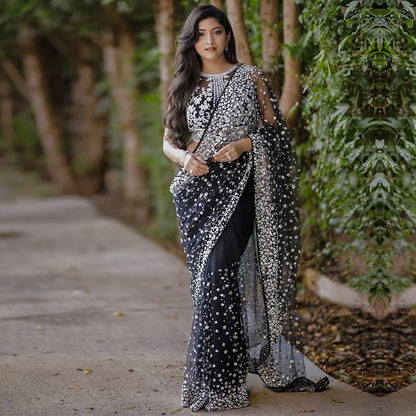 Exclusive Black Net Embroidery Work Saree