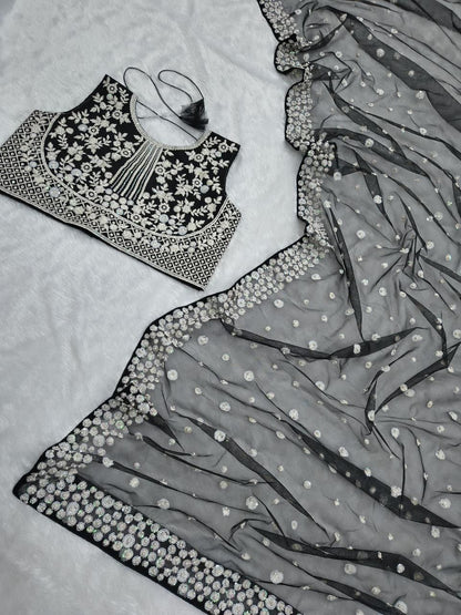 Exclusive Black Net Embroidery Work Saree