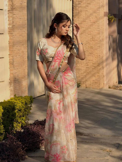 Party Wear Cream Silk with Mirror Work Saree