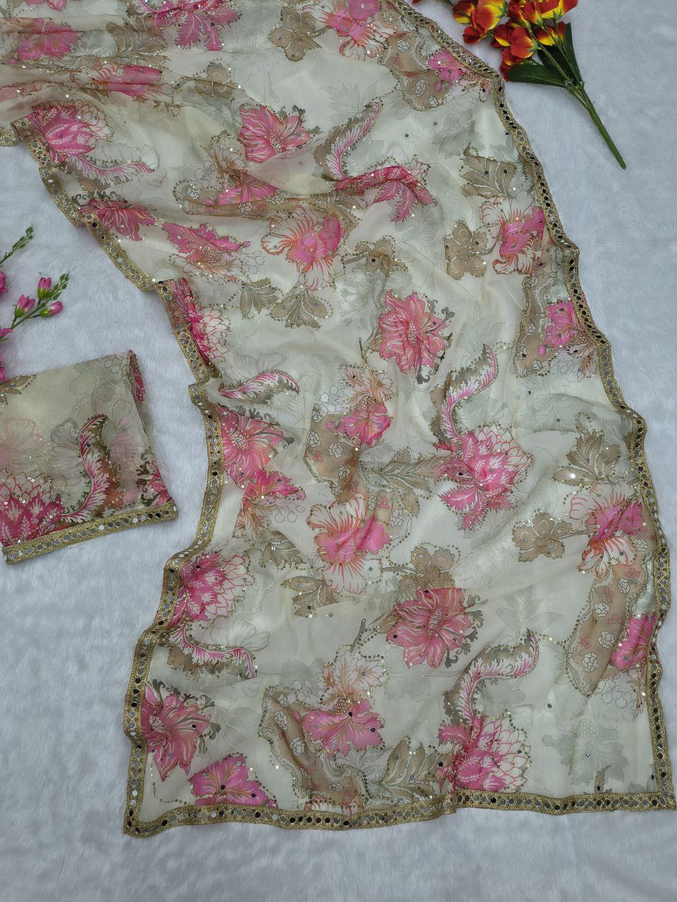 Party Wear Cream Silk with Mirror Work Saree