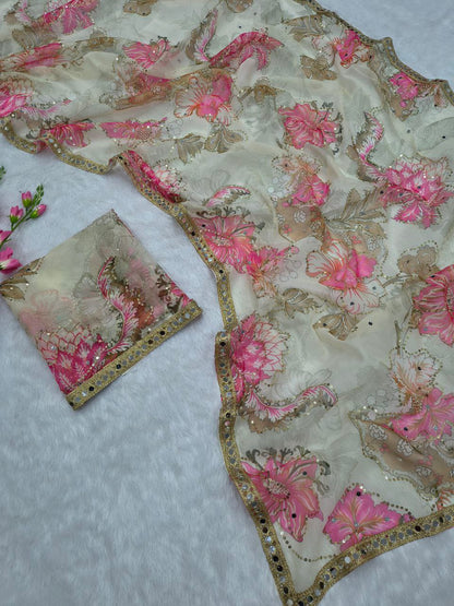 Party Wear Cream Silk with Mirror Work Saree