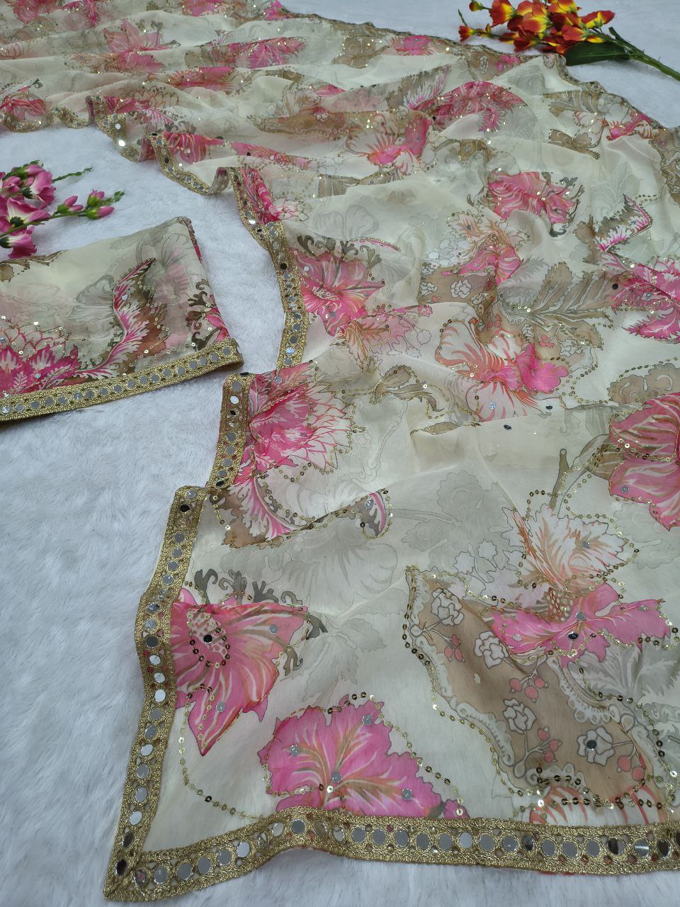Party Wear Cream Silk with Mirror Work Saree