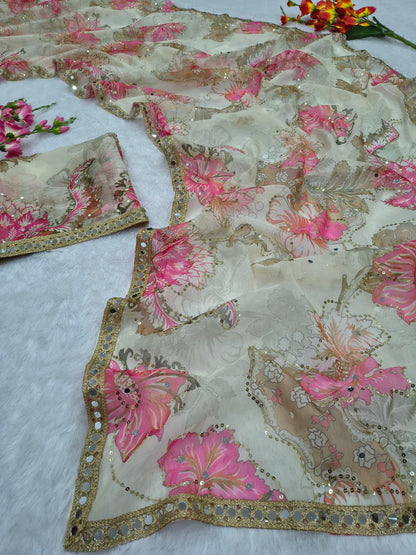 Party Wear Cream Silk with Mirror Work Saree