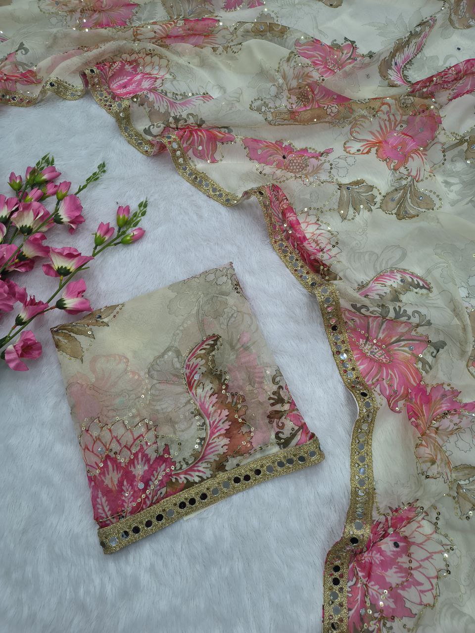 Party Wear Cream Silk with Mirror Work Saree