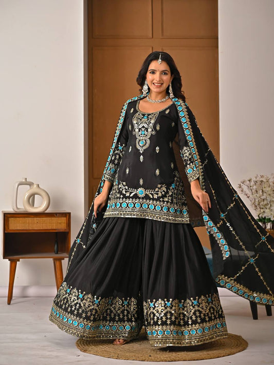 Elegant Black Heavy NC Vichitra Silk Embroidery Work Sharara Palazzo Set