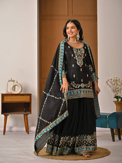 Elegant Black Heavy NC Vichitra Silk Embroidery Work Sharara Palazzo Set