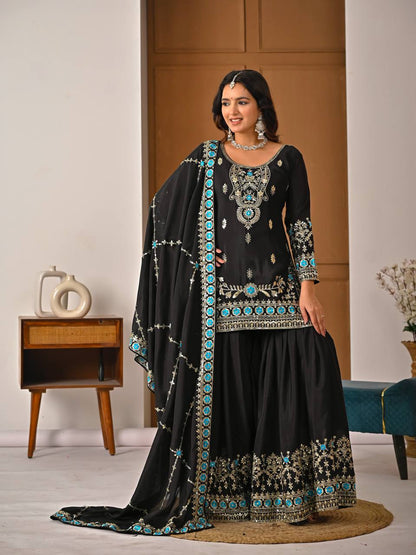 Elegant Black Heavy NC Vichitra Silk Embroidery Work Sharara Palazzo Set