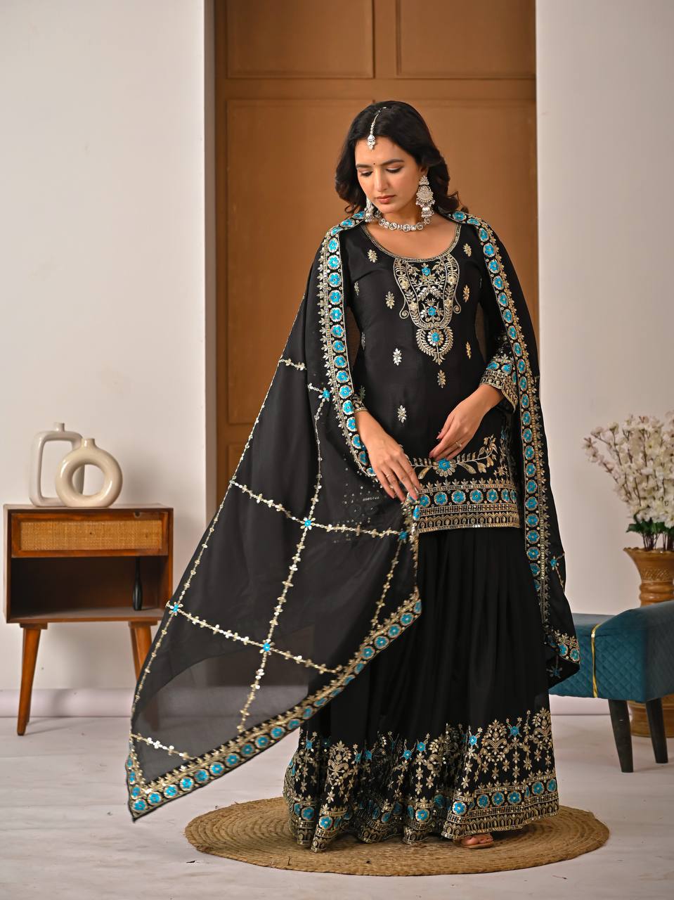 Elegant Black Heavy NC Vichitra Silk Embroidery Work Sharara Palazzo Set