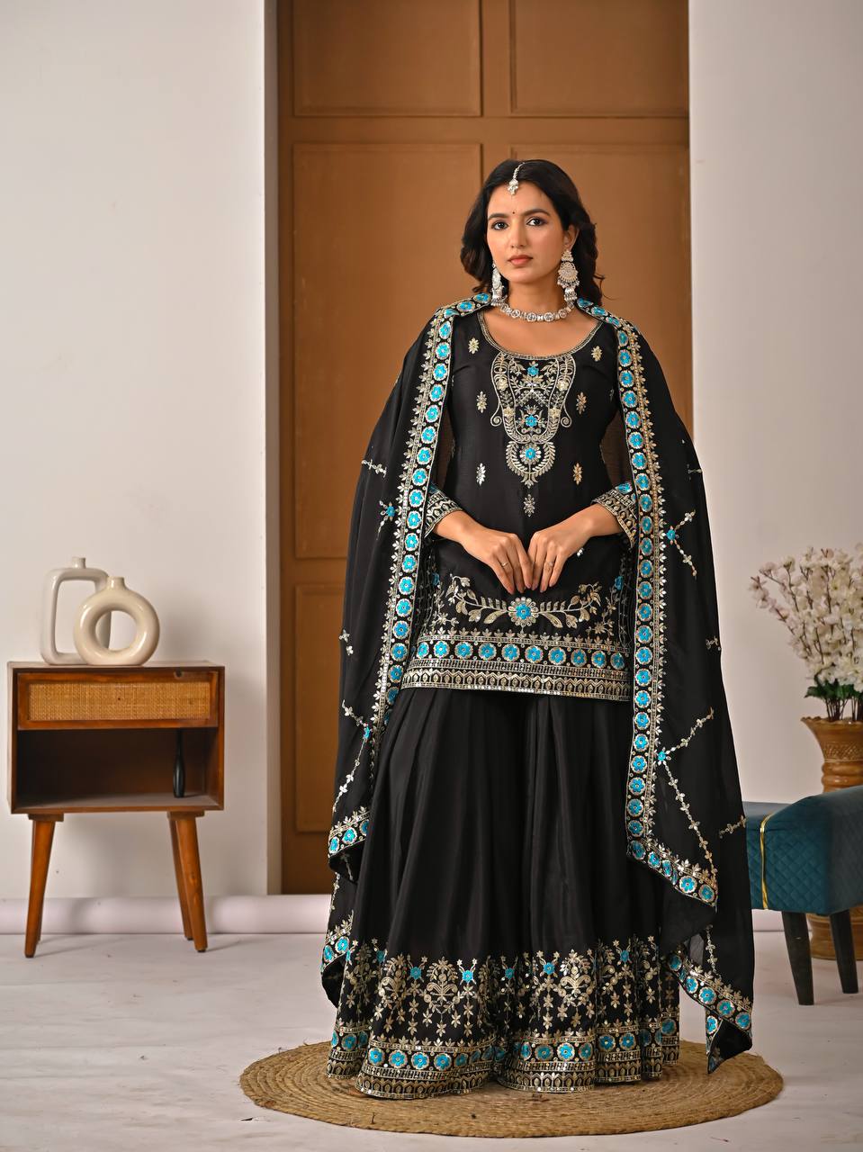 Elegant Black Heavy NC Vichitra Silk Embroidery Work Sharara Palazzo Set