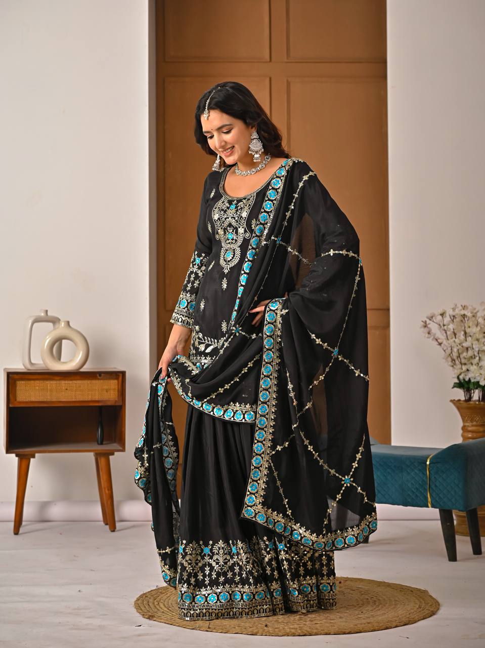 Elegant Black Heavy NC Vichitra Silk Embroidery Work Sharara Palazzo Set