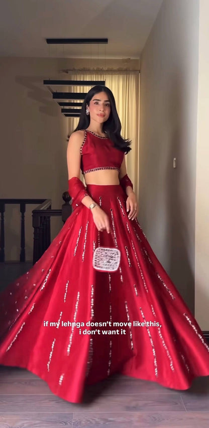 Lovely Red Malai Satin Silk Real Mirror Work Lehenga