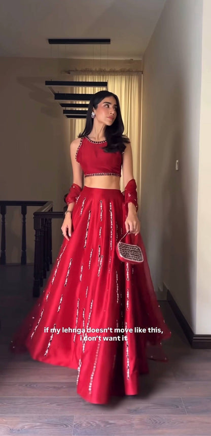 Lovely Red Malai Satin Silk Real Mirror Work Lehenga