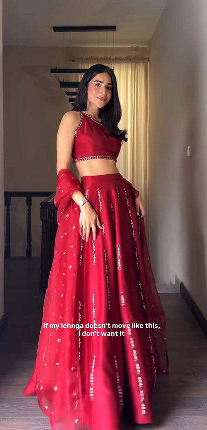 Lovely Red Malai Satin Silk Real Mirror Work Lehenga
