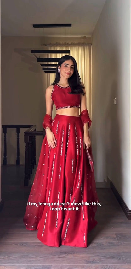 Lovely Red Malai Satin Silk Real Mirror Work Lehenga