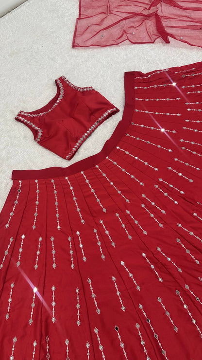Lovely Red Malai Satin Silk Real Mirror Work Lehenga