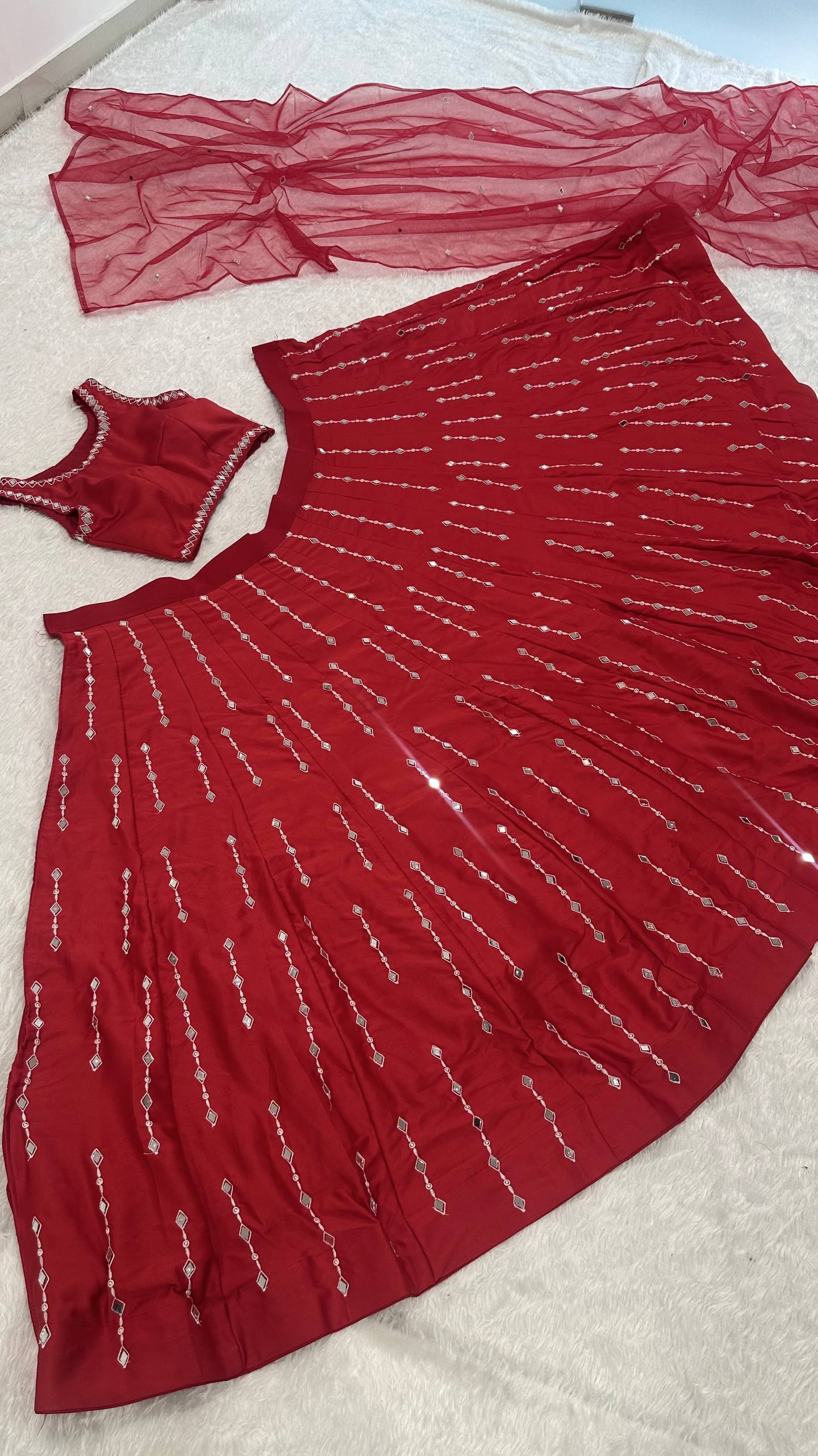 Lovely Red Malai Satin Silk Real Mirror Work Lehenga