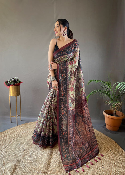 Stylish Digital Print With Beautiful Pallu Pista Color Saree